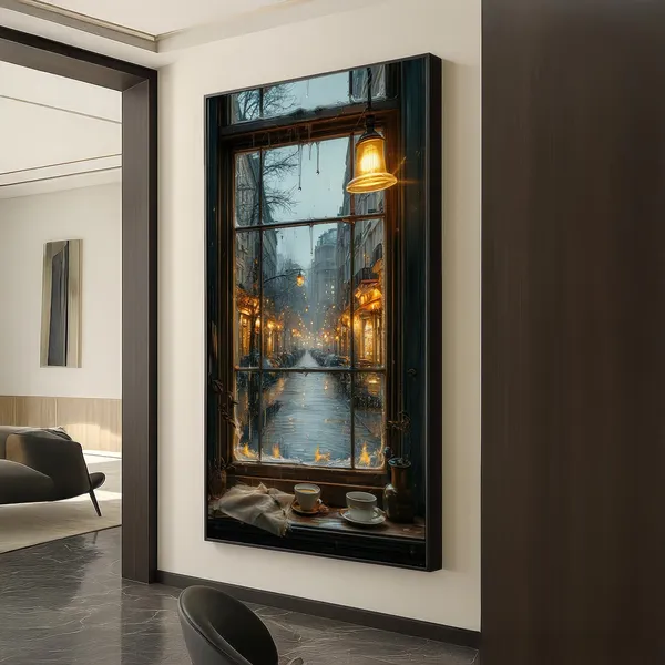 Rainy Window Street View, Cozy Cafe Nightscape Art Print