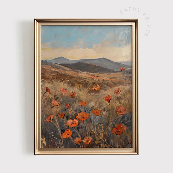 Poppy Field Sunset Art Print, Floral Landscape
