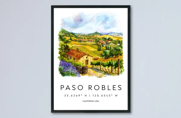 Paso Robles Watercolor Travel Poster, Wine Country