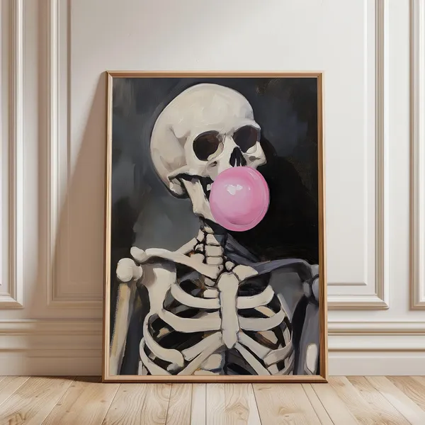 Halloween Skeleton Skull With Bubble Gum, Vintage Art Print