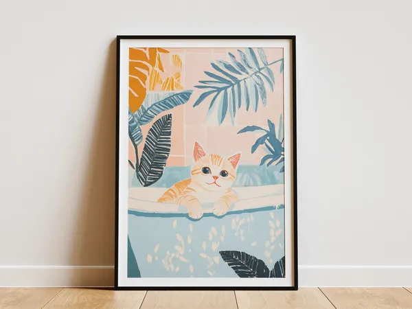 Playful Kitten In Bathtub Art Print, Cute Nursery Decor