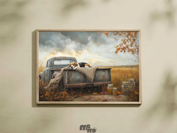 Beagle Dog Fall Truck Art Print, Rustic Autumn Decor