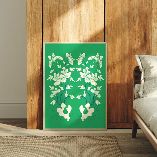 Green Botanical Folk Art Print, Traditional Floral Poster