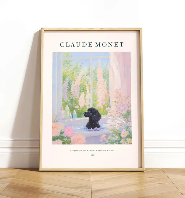 Black Poodle in Bathtub, Monet-Style Bathroom Art Print
