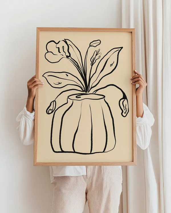 Vintage Flower Vase Art Print, Minimalist Line Drawing