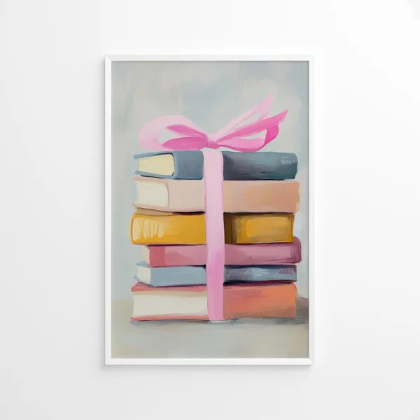 Book Stack Poster, Pastel Literary Wall Art
