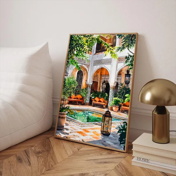 Morocco Watercolor Poster Print, Moroccan Courtyard