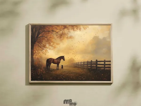 Horse and Dog Autumn Sunset Art Print