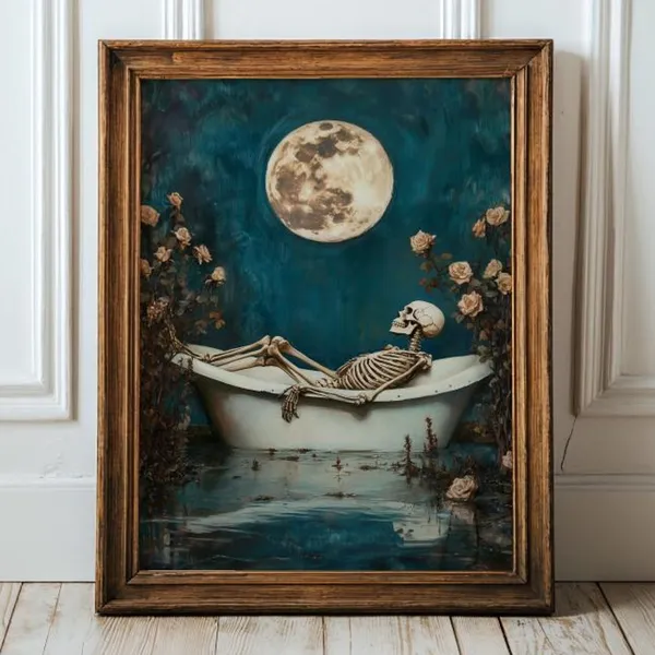 Skeleton Bathtub Art Print, Gothic Bathroom Decor