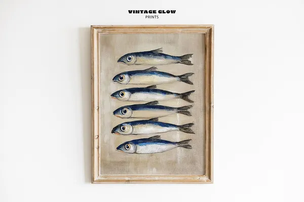 Vintage Sardine Still Life Art Print, Coastal Kitchen