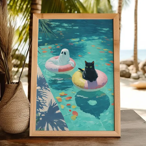 Black Cat in Pool Poster, Spooky Cute Decor