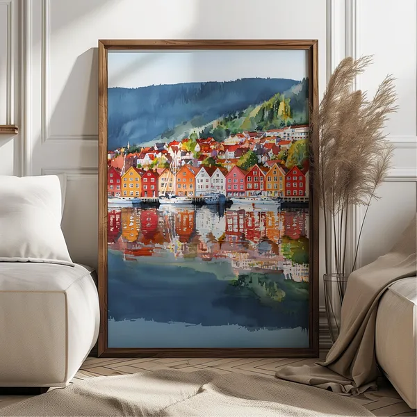 Bergen Norway Watercolor Art Print, Scandinavian Harbor