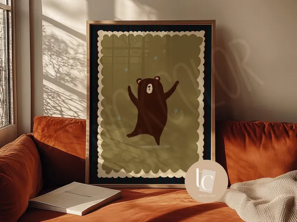 Brown Bear Dancing Nursery Print, Whimsical Minimalist