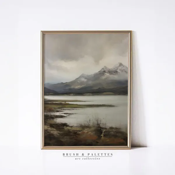 Snowy Mountain Lake Art Print, Rustic Landscape