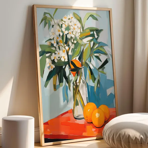 Oranges And Flowers Still Life Art Print, Kitchen Decor