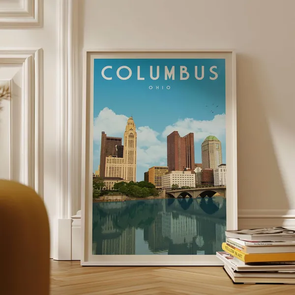 Columbus Mid-Century Travel Poster, Ohio Skyline Art Print