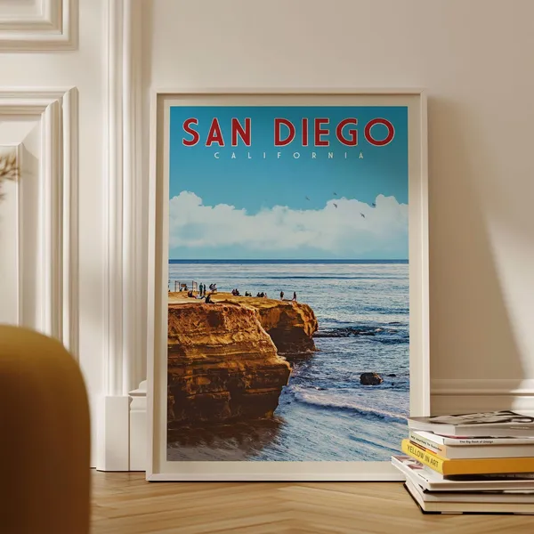 San Diego Retro Travel Poster, Beach Sunset Cliffs
