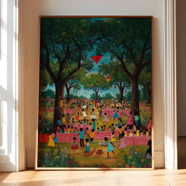 African Family Abstract Art Print, Vintage People in Park