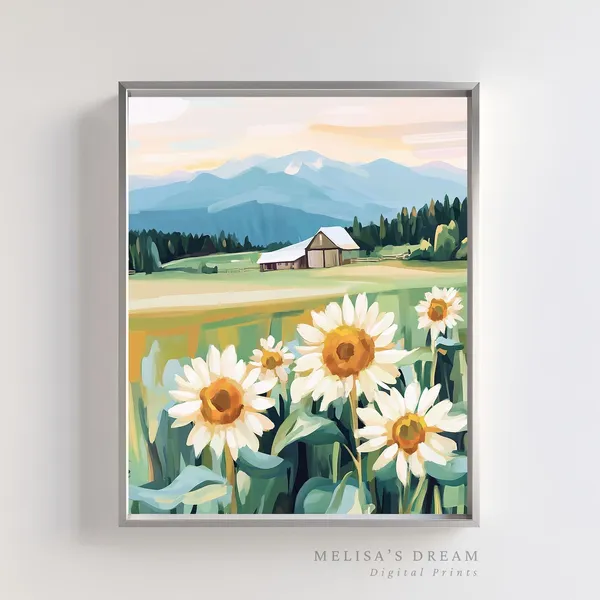 Rustic Farmhouse Sunflowers Barn Landscape Art Print
