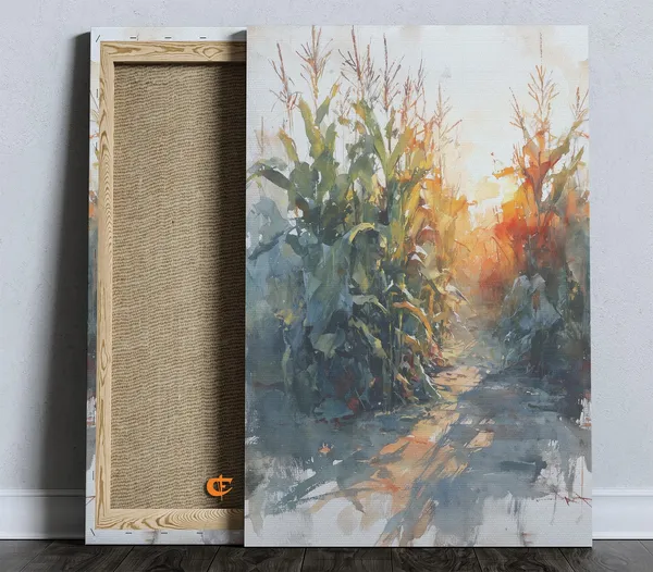 Rustic Cornfield Path In Sunlight, Watercolor Art