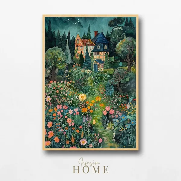 Whimsical Cottage Garden Art Print, Fairytale Floral Decor