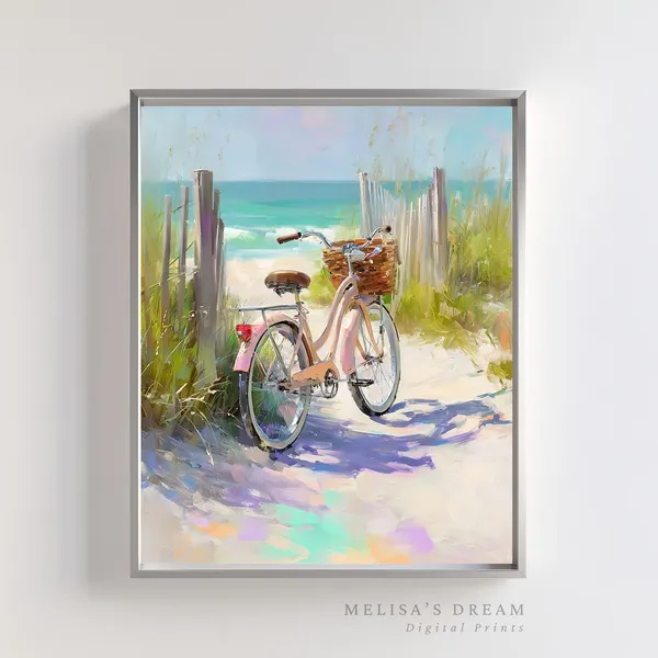 Beach Bicycle Art Print, Coastal Pastel Summer House