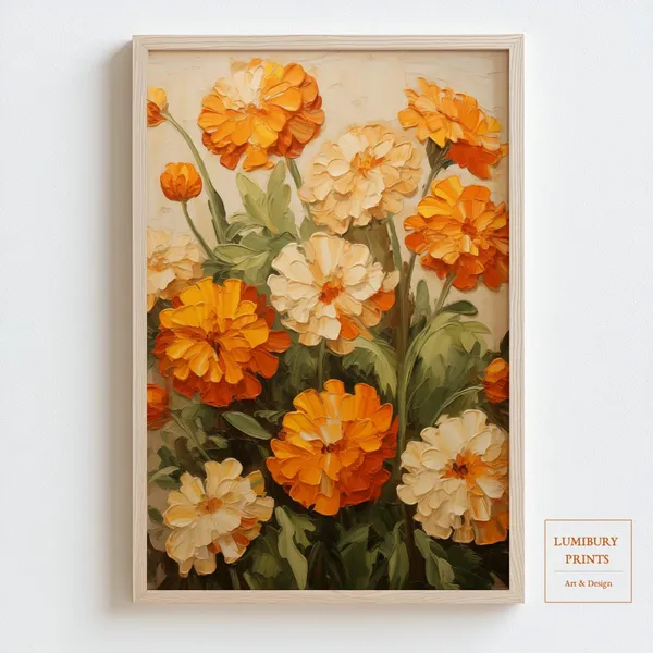 Marigold Art Print, Rustic Vintage Fall Botanical