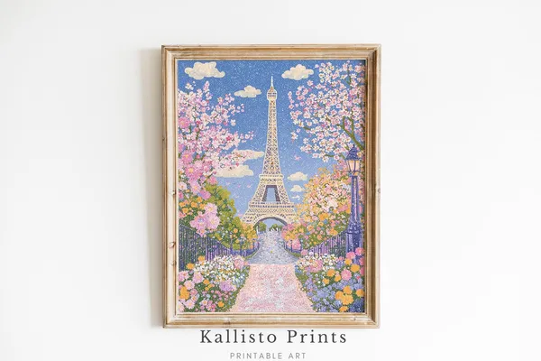 Paris Spring Eiffel Tower Art Print, Floral Cityscape