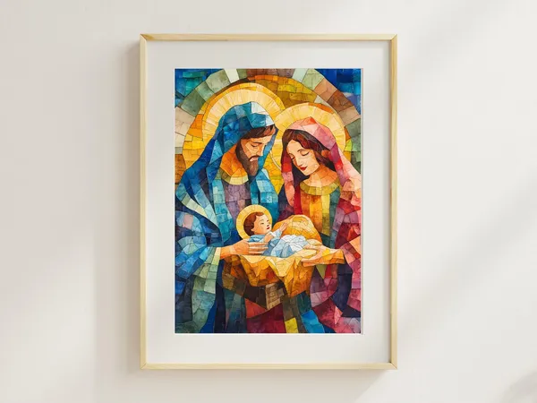 Stained Glass Nativity Print, Holy Family Christmas