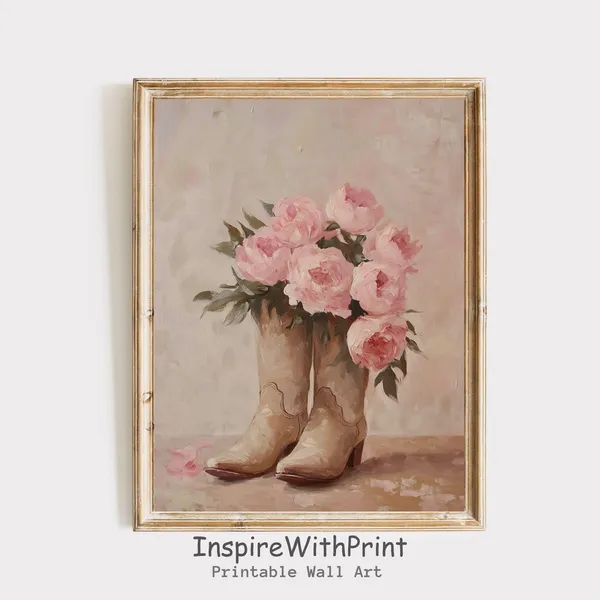 Coastal Cowgirl Boots Floral Western Art Print