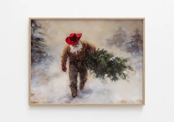 Cowboy Santa With Christmas Tree, Western Holiday Art Print