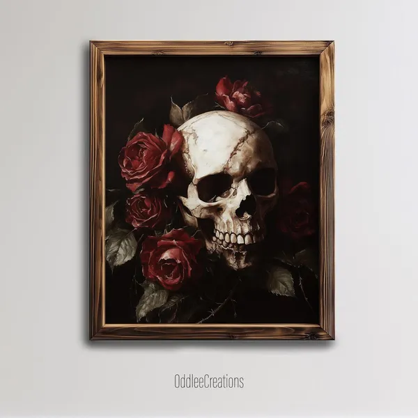 Skeleton Skull and Roses, Gothic Floral Art Print