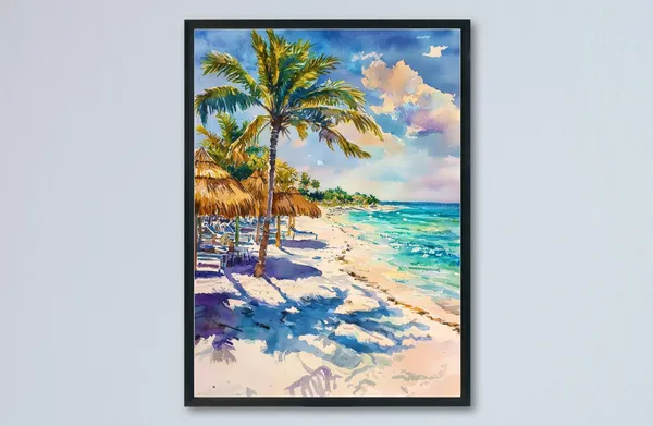 Cancun Watercolor Travel Poster, Mexico Beach Scene