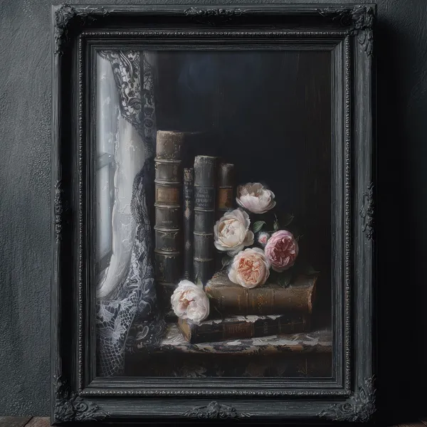 Dark Moody Book Lover Art Print, Vintage Floral