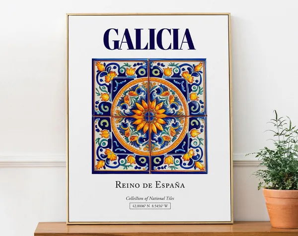 Galicia Spain Folk Traditional Tile Travel Poster