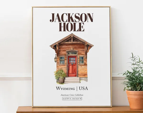 Jackson Hole Wyoming Travel Poster, Minimalist Watercolor