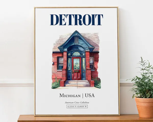 Detroit Michigan Minimalist Watercolor Travel Poster