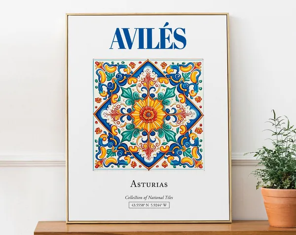 Aviles Asturias Spain Folk Tile Travel Poster