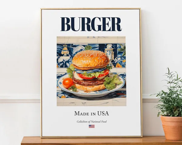 Burger On Maiolica Tile Plate, Kitchen Art Print