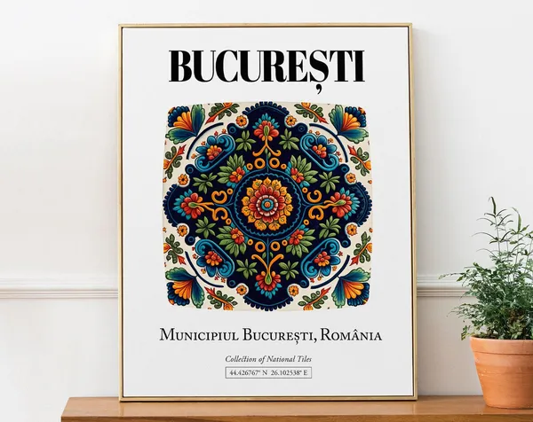 Bucharest Romania Traditional Tile Pattern Travel Poster