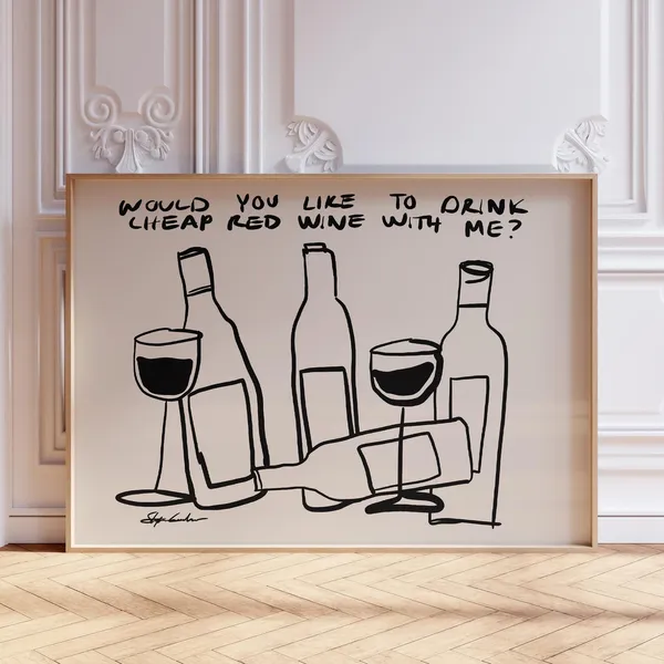 Red Wine Retro Bar Cart Art Print, Mid-Century