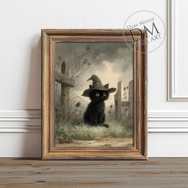 Black Cat In Witch Hat Gothic Halloween Art Print