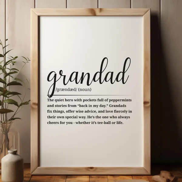 Grandad Definition Poster, Black And White Art Print