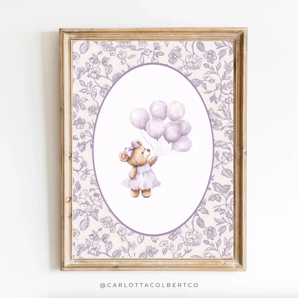 Lavender Nursery Floral Bear, Grandmillennial Poster