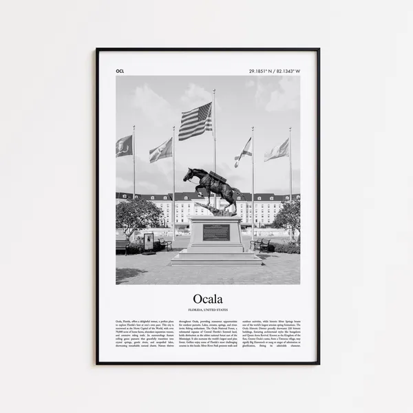 Ocala Black And White Travel Poster, Modern Florida