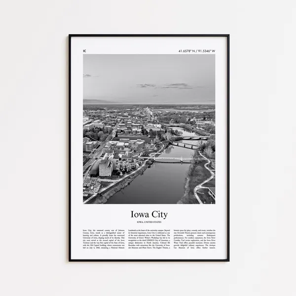 Iowa City Black And White Travel Poster, Wall Art Print
