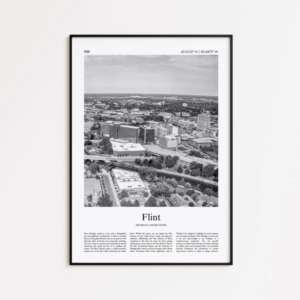 Flint Black and White Travel Poster, Michigan USA