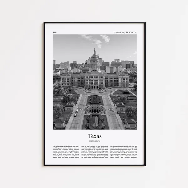 Texas Black and White Travel Poster, Minimal Home Decor