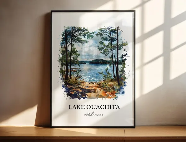 Lake Ouachita Watercolor Travel Poster, Arkansas