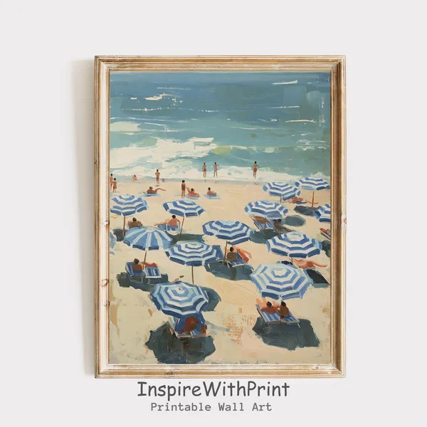 Retro Beach Umbrella Painting, Coastal Seascape Art Print